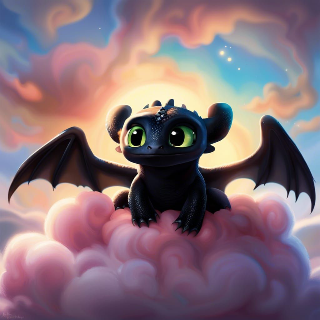 Adorable Baby Toothless on a Cloud in Hyperrealism