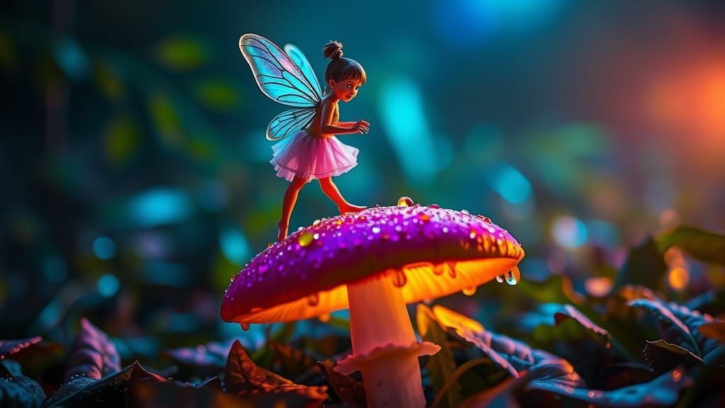 Iridescent Fairy Dances on Mushroom Cap