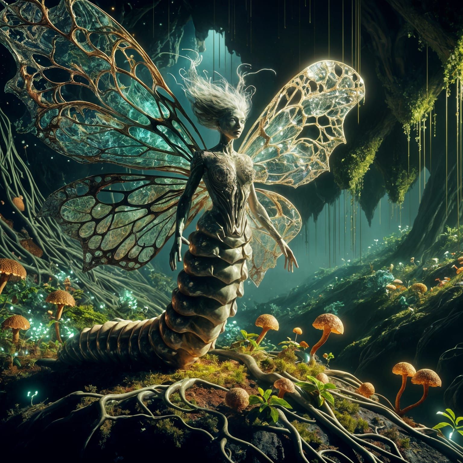Caterpillar-Fairy in a Bioluminescent Landscape