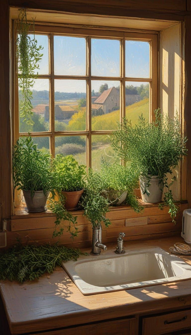 Sun-Drenched Rustic Kitchen Herbs in Van Gogh Style Oil Pain...