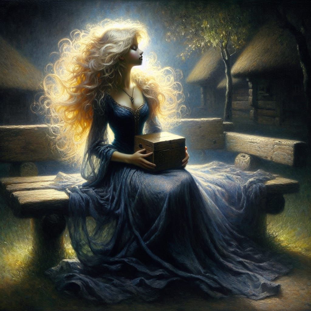 Impressionist Norse Goddess in Moonlit Village Scene