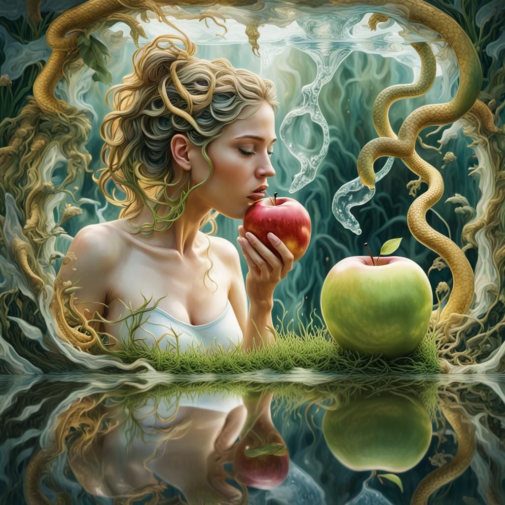 Translucent Sculpture of Woman with Apple in Gouache
