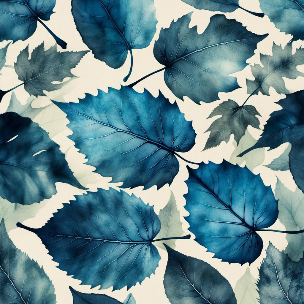 Ethereal Cyanotype Leaves on Aged Paper