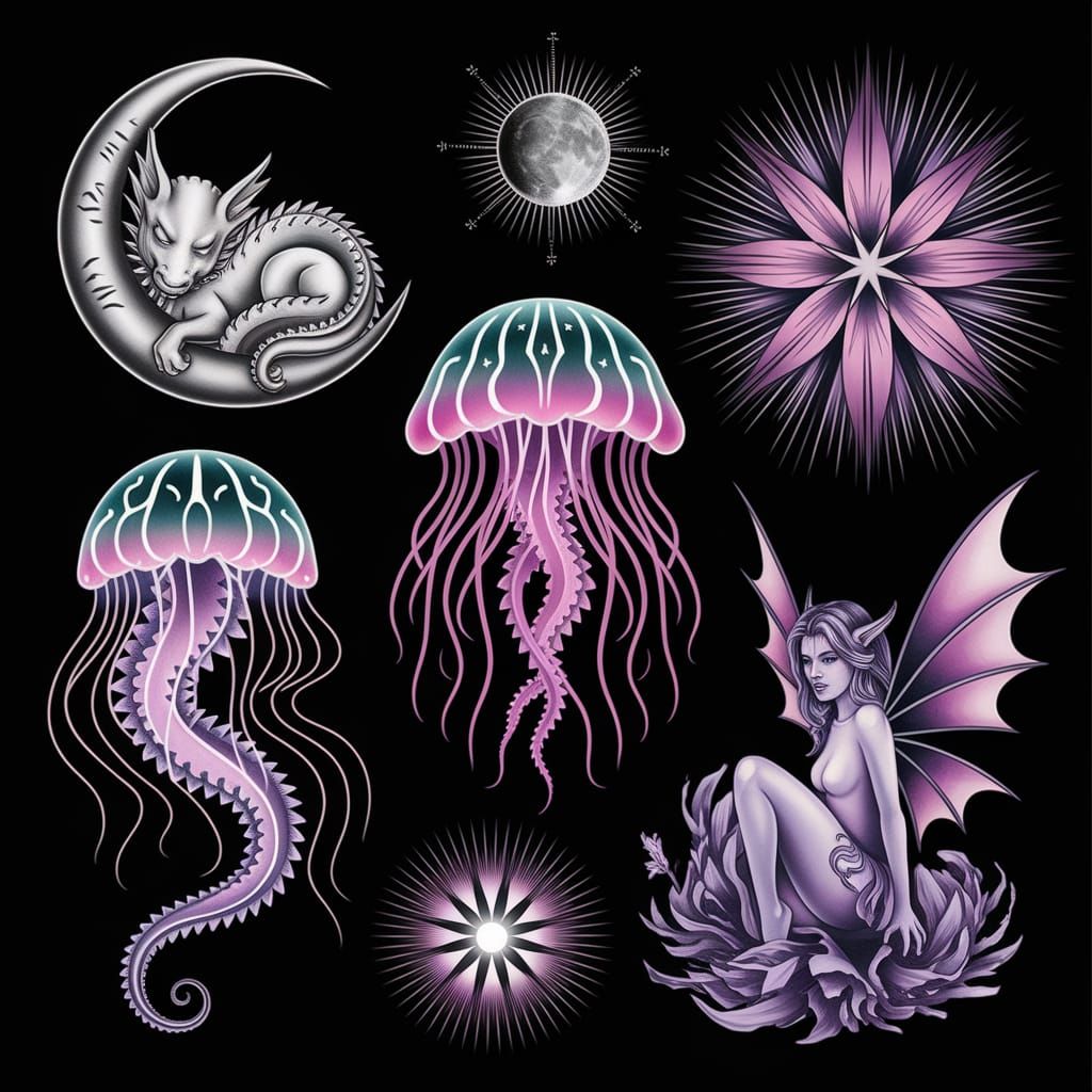 A flash tattoo sheet featuring a collection of mystical symb...