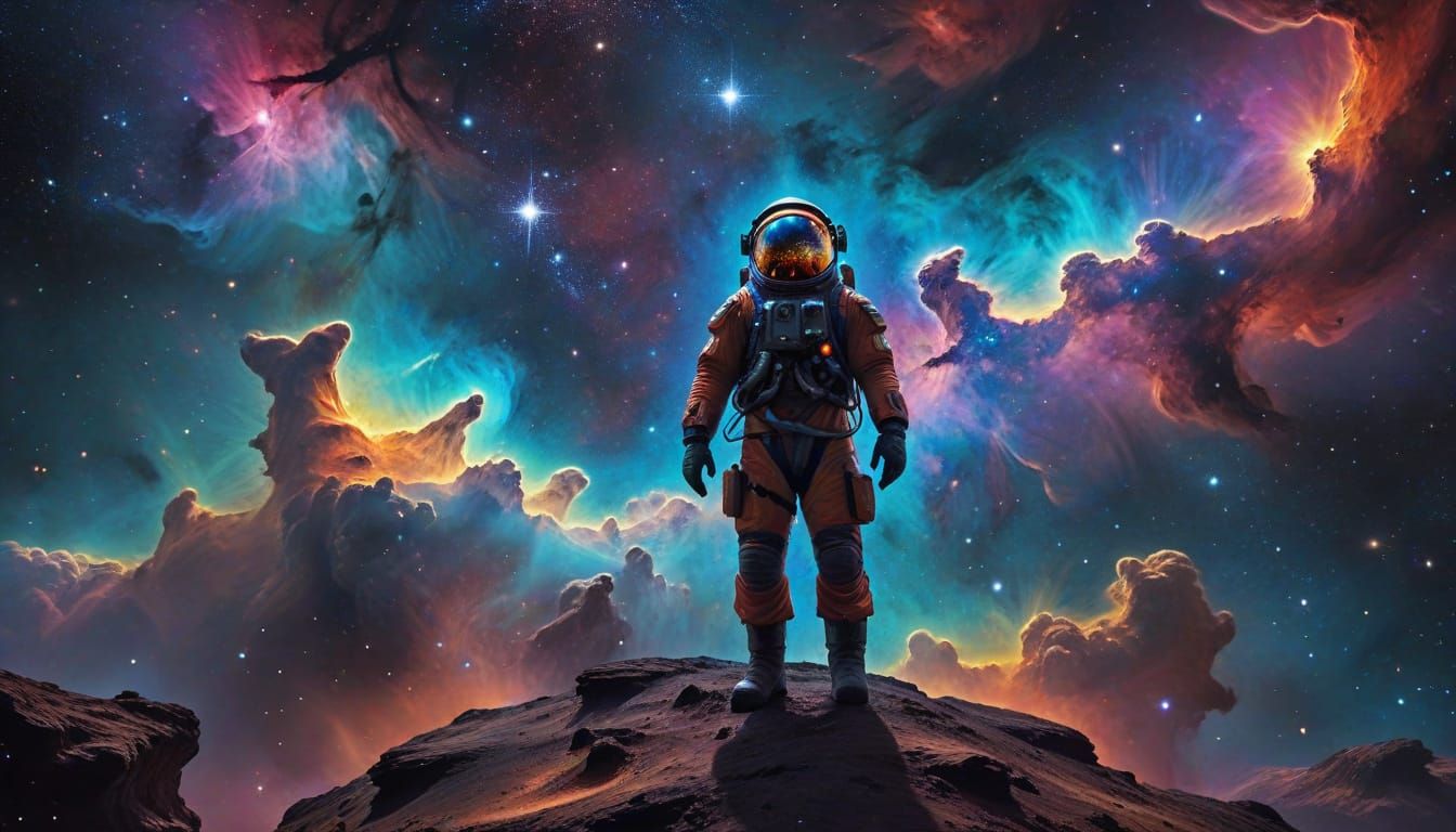 Cosmic Voyager in a Vibrant Nebula