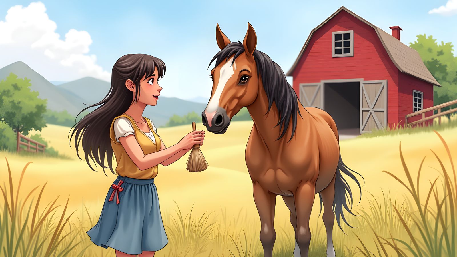 Girl Grooms Horse in Watercolor Fantasy Landscape