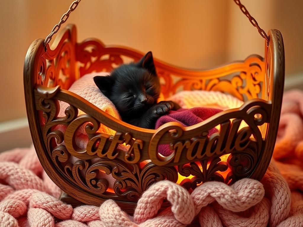 Black Kitten Asleep in Hand-Carved Cradle