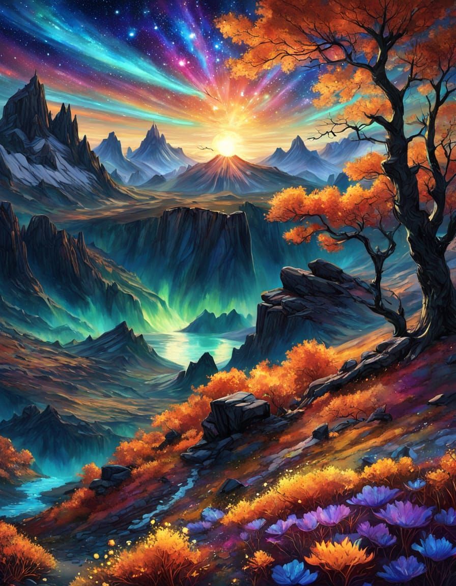Vibrant Solarpunk Landscape Drawing with Luminous Sun