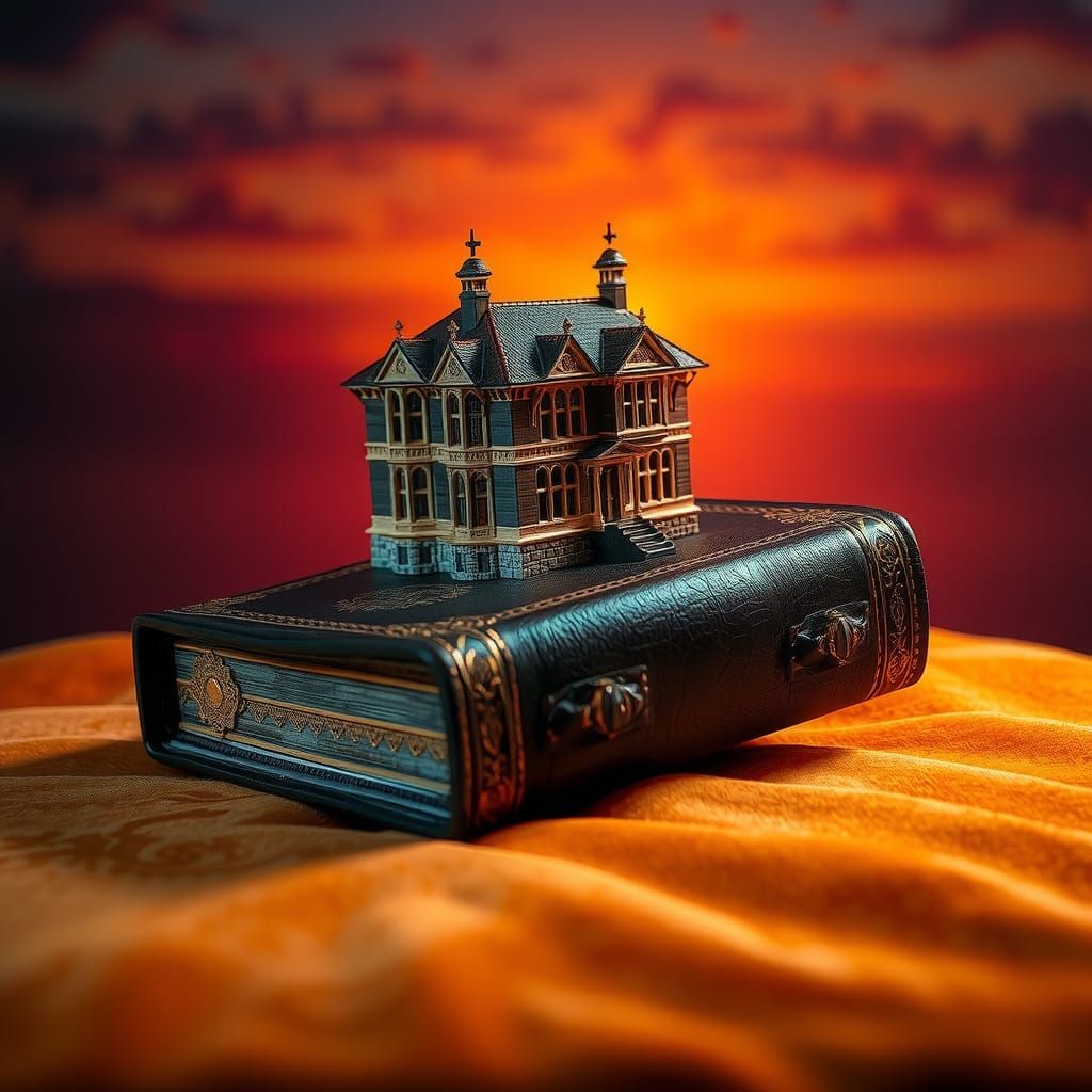 Miniature Victorian House on Ornate Book