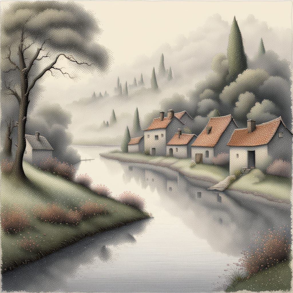 Idyllic Village Scene in Pastel Stippling