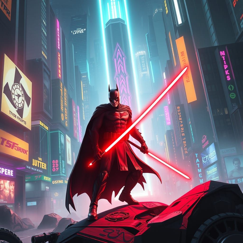 Cyberpunk Batman Jedi in Space, Neon Cityscape