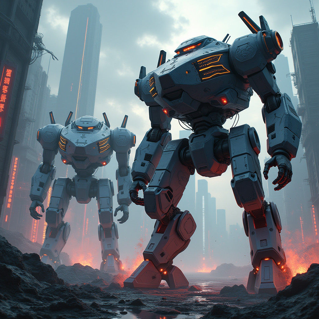 Cyberpunk Mech Fighters in Ruined Cityscape
