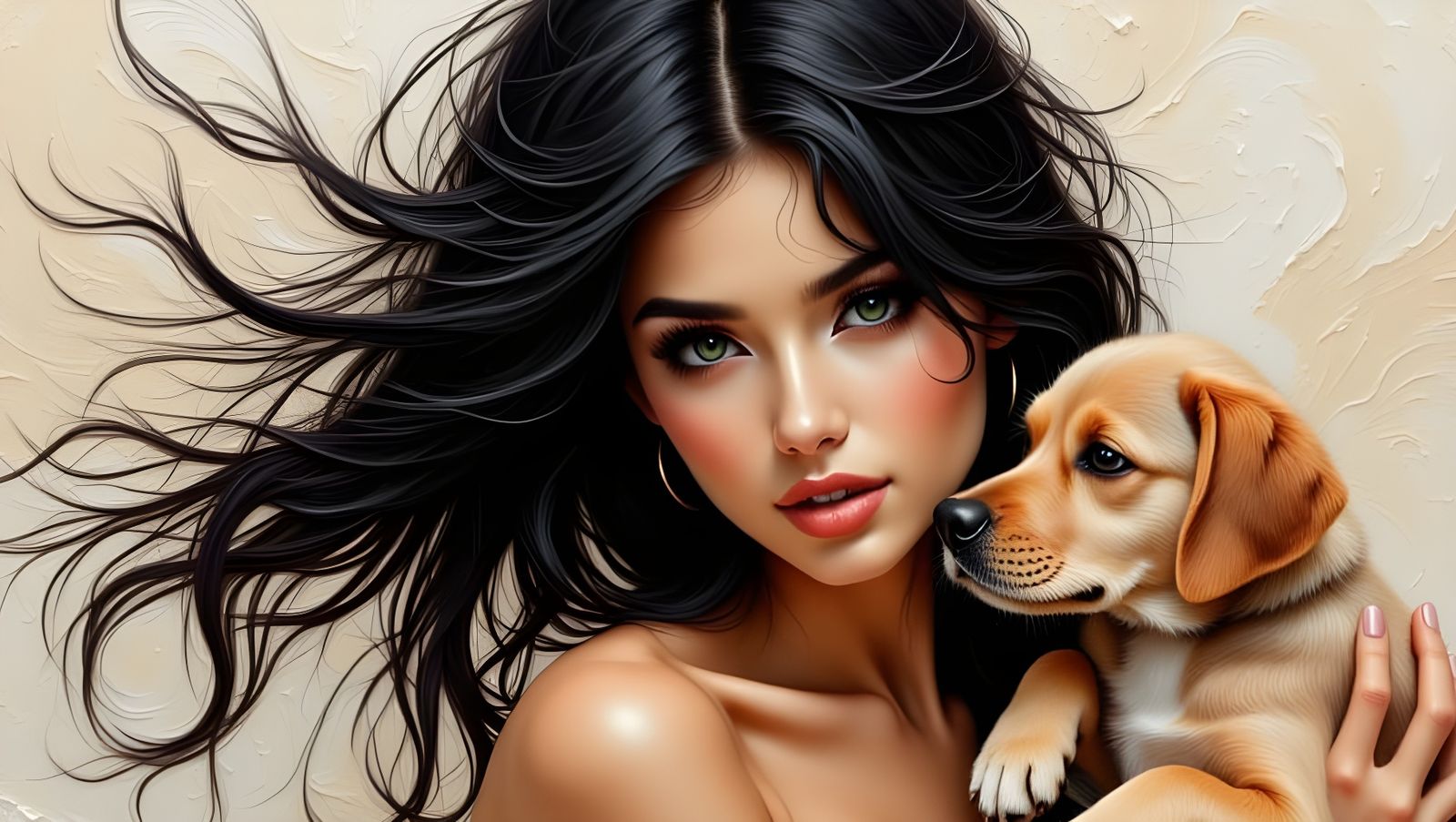 Mediterranean Goddess Holding Puppy in Impasto Style