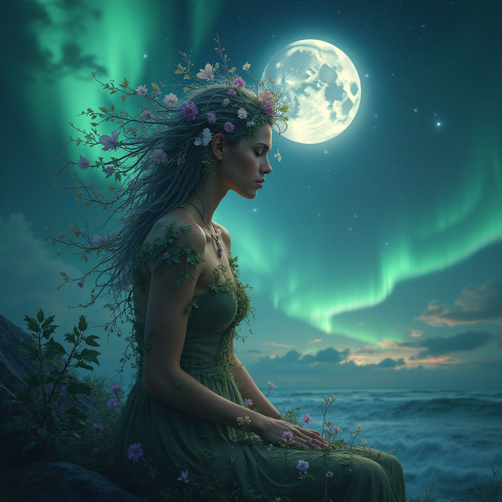 Mystical Fusion: Mother Nature, Moon, and Northern Lights