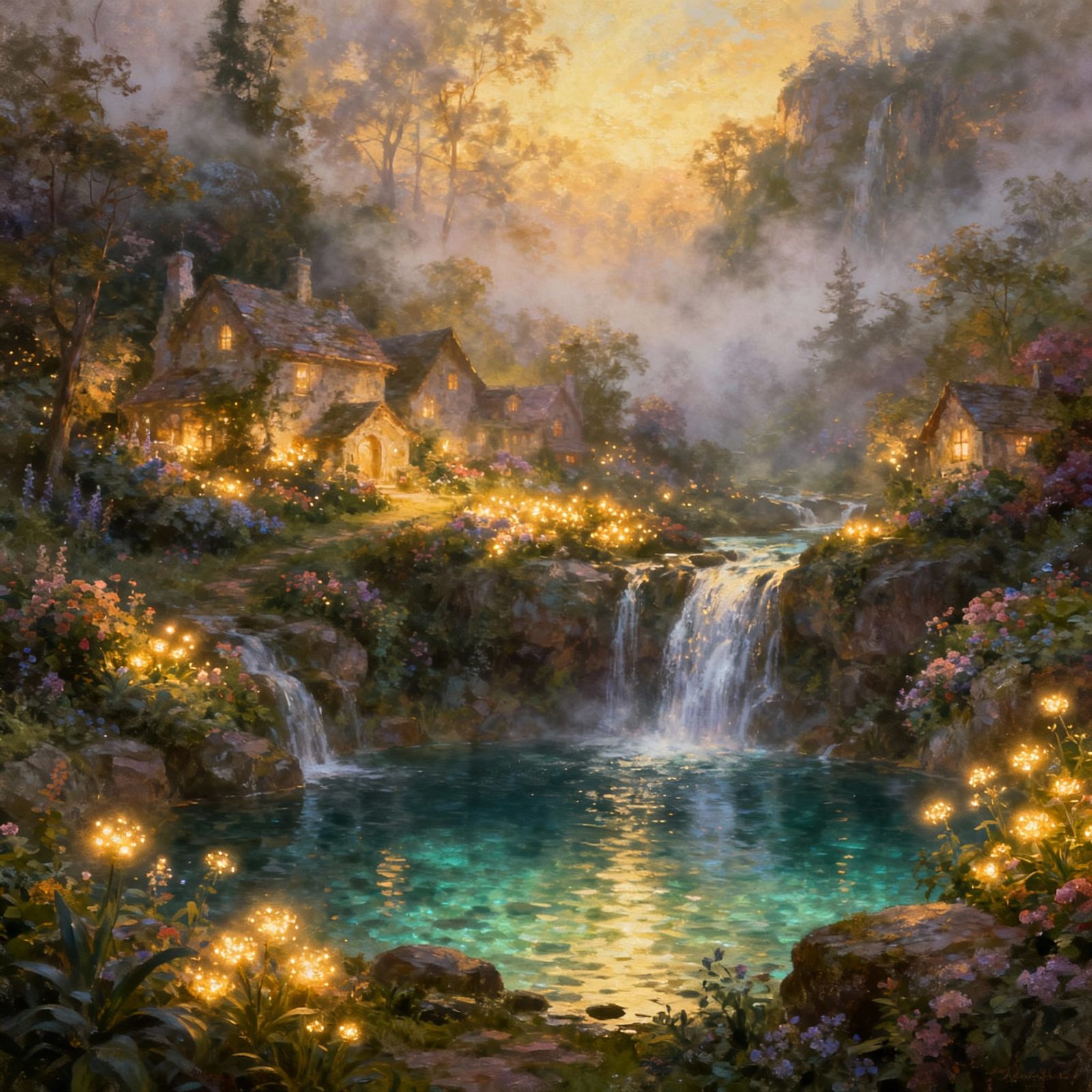 Hidden Fantasy Village with Glowing Flora and Waterfalls