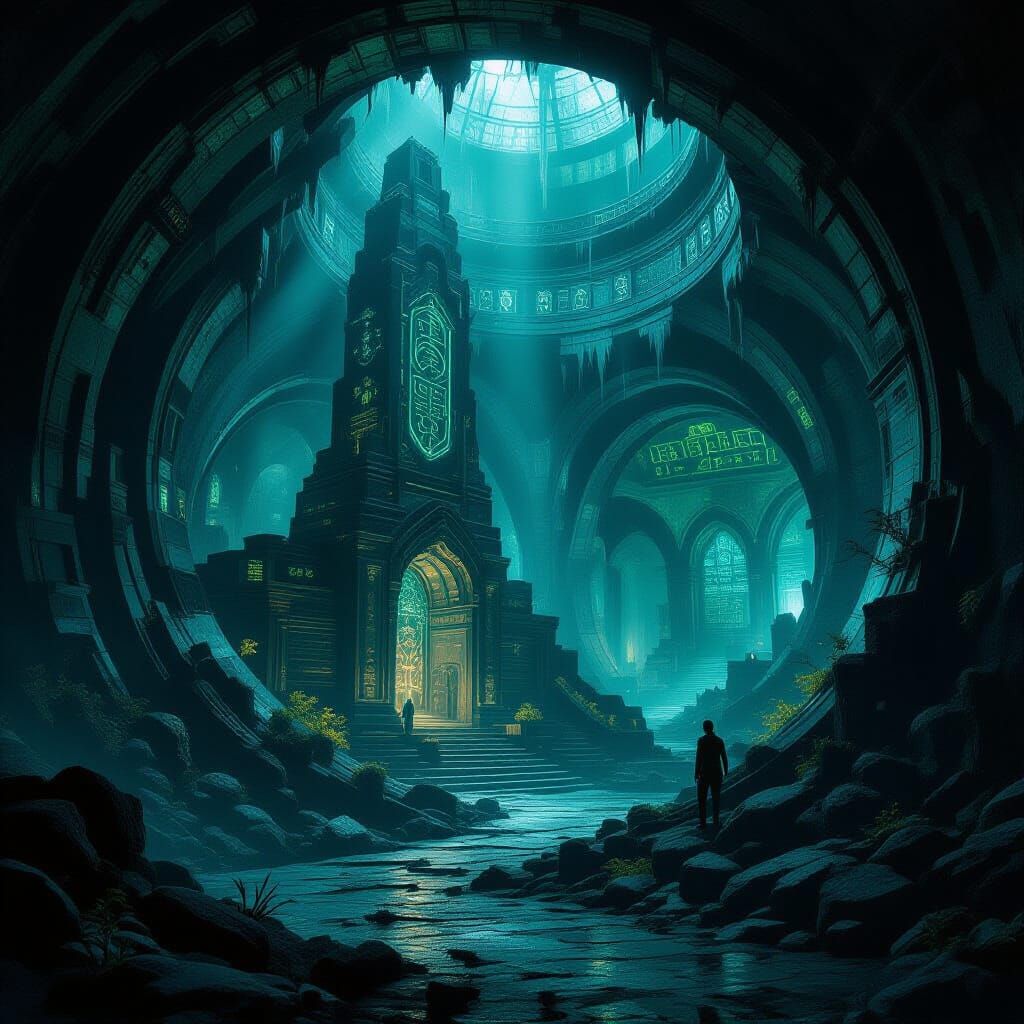 Subterranean Obsidian City with Bioluminescent Flora
