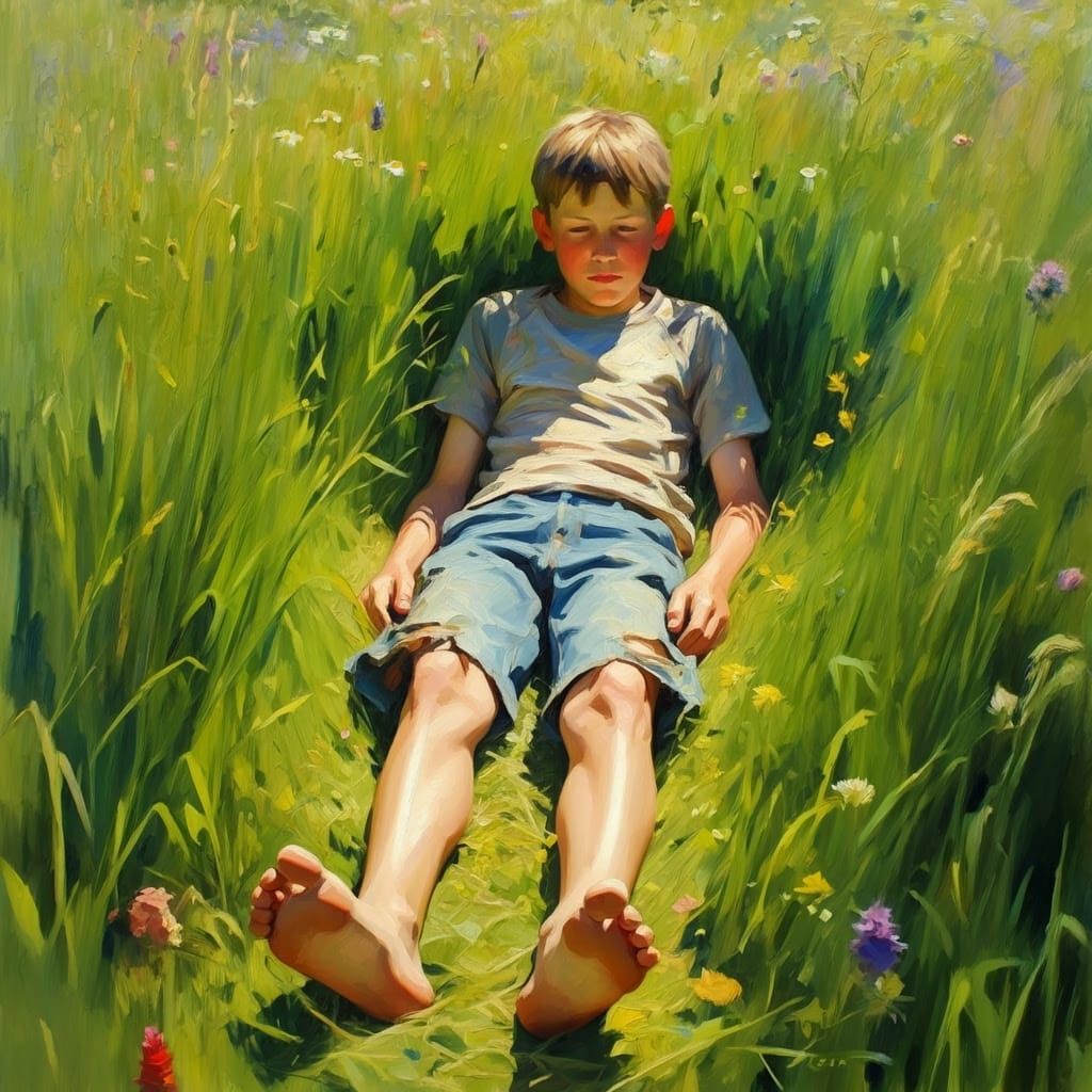Barefoot Boy in Summer Meadow, Impressionist Style