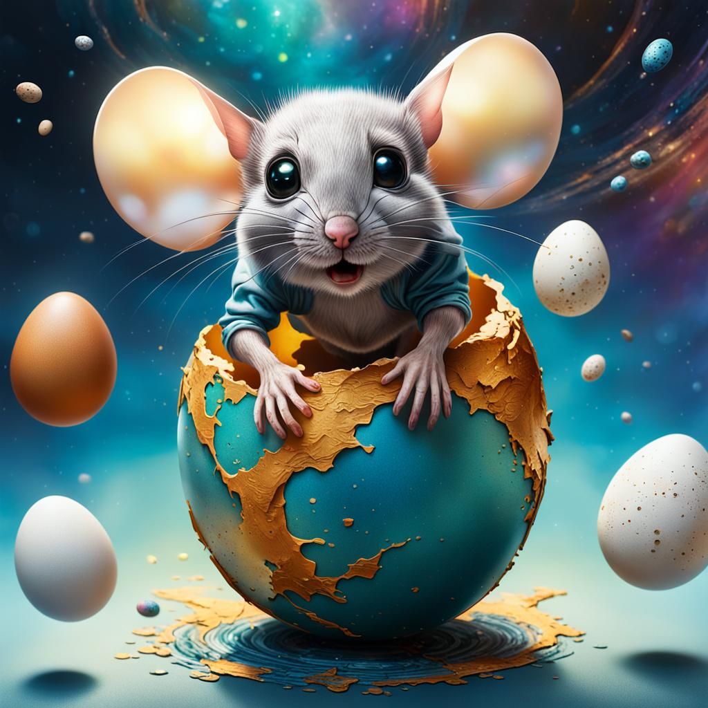 Mouse and Woman Emerge from Egg in Space
