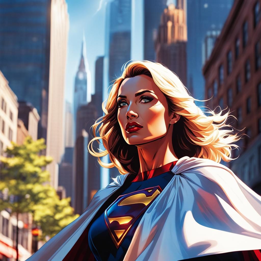 Superwoman Portrait in Comic Book Style Cityscape
