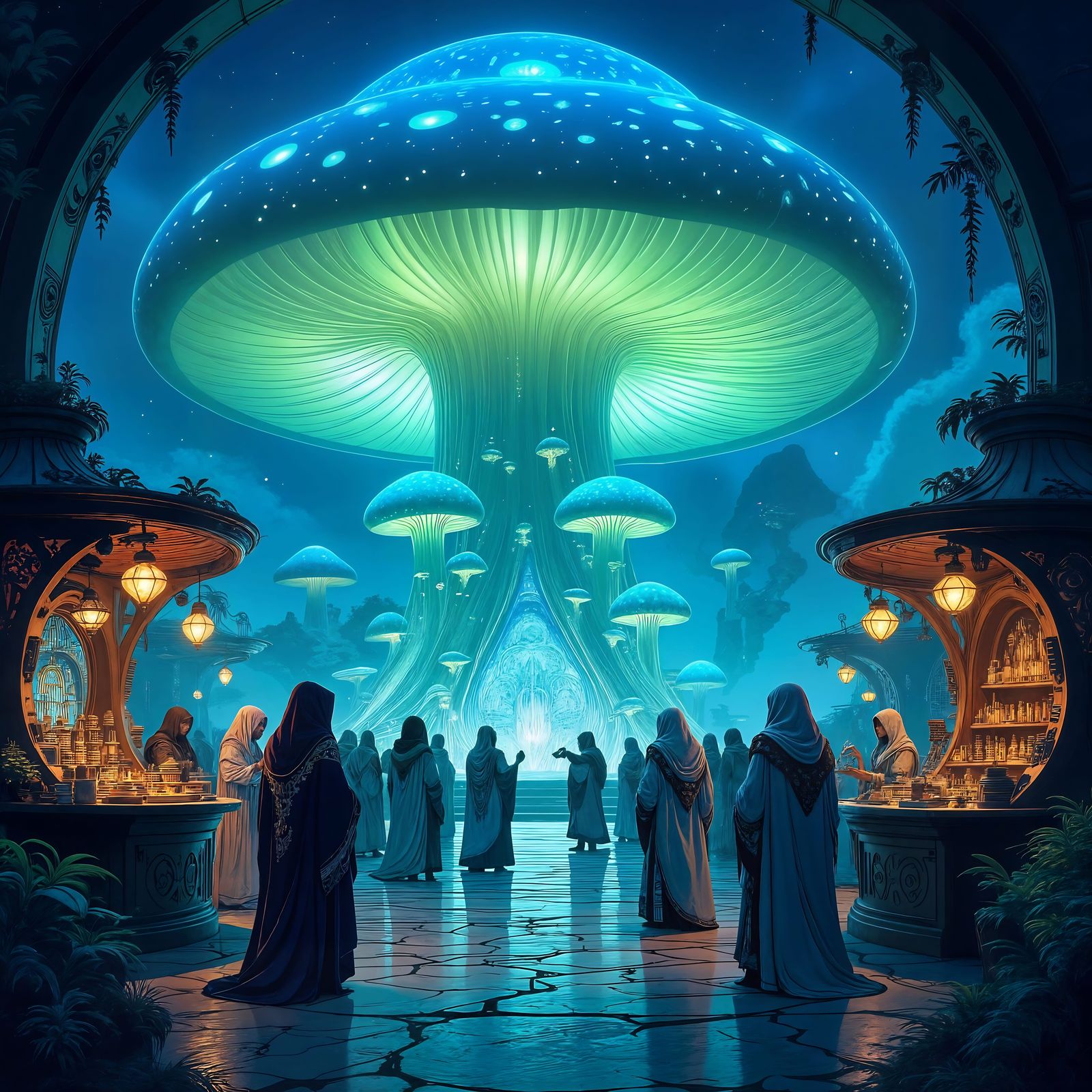Bustling Alien Market in Bioluminescent Mushroom, Art Nouvea...