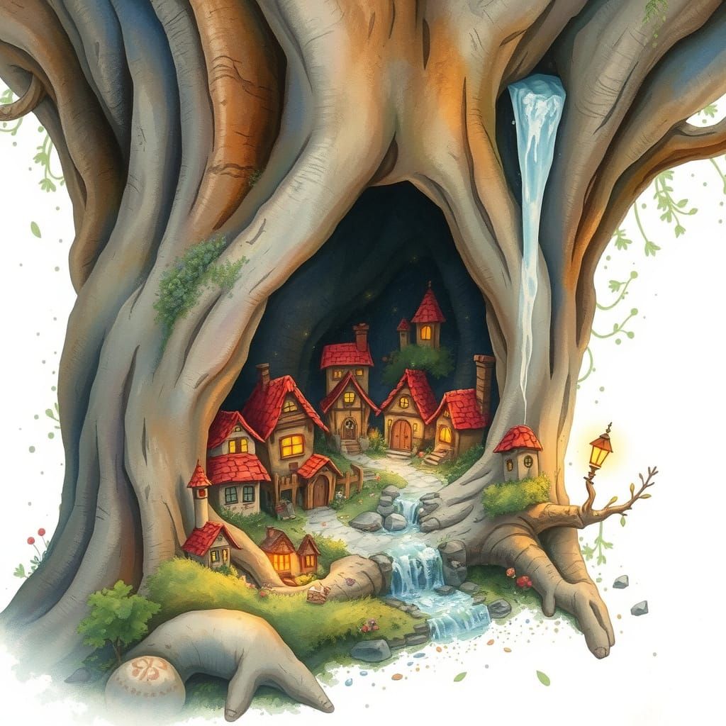 Enchanting Fairy Village in Watercolor Style