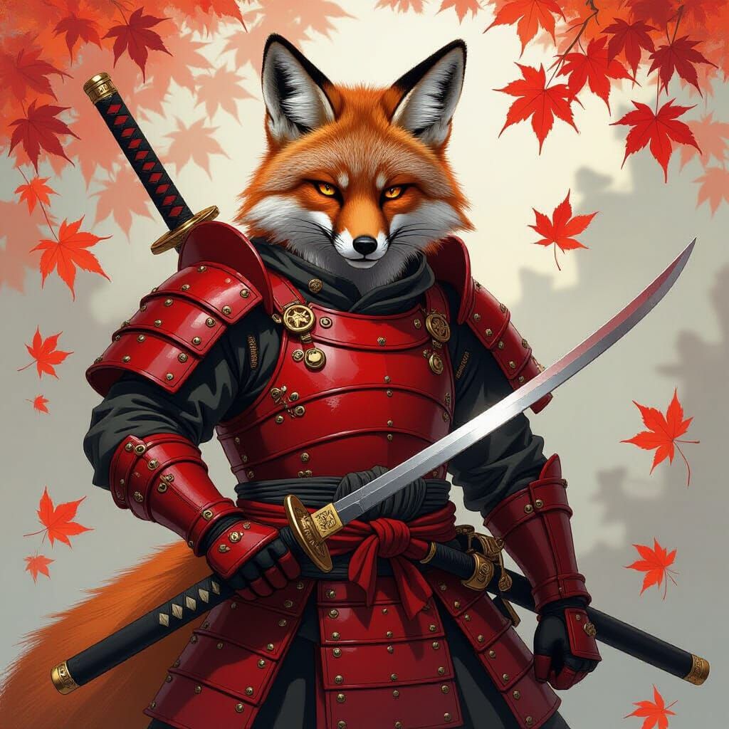 Fox Samurai in Fiery Maple Leaf Field