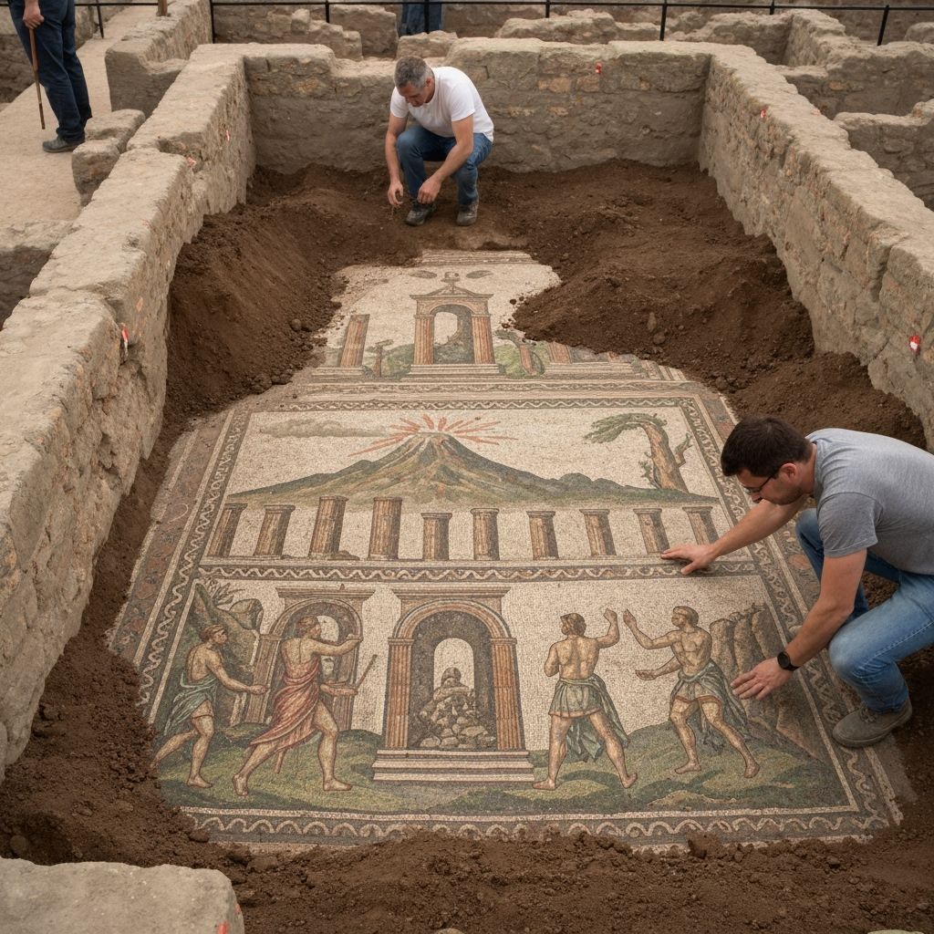 Archaeologists uncovering a Roman mosaic, partially covered ...