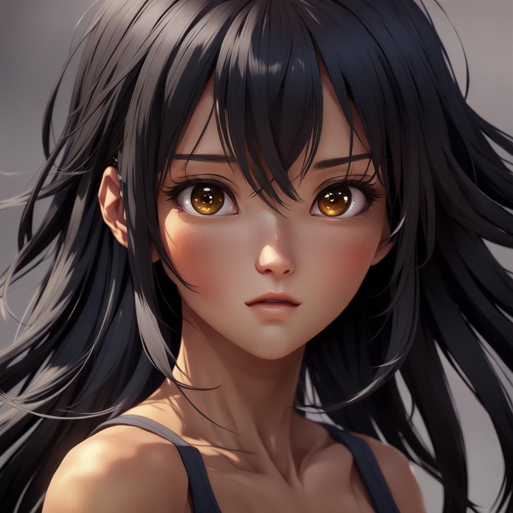 Anime Style Girl with Black Hair, 3D Render