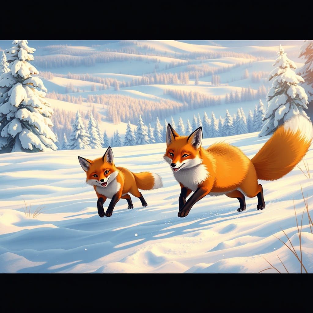 Vibrant Winter Wonderland of Foxes in Snowy Forest