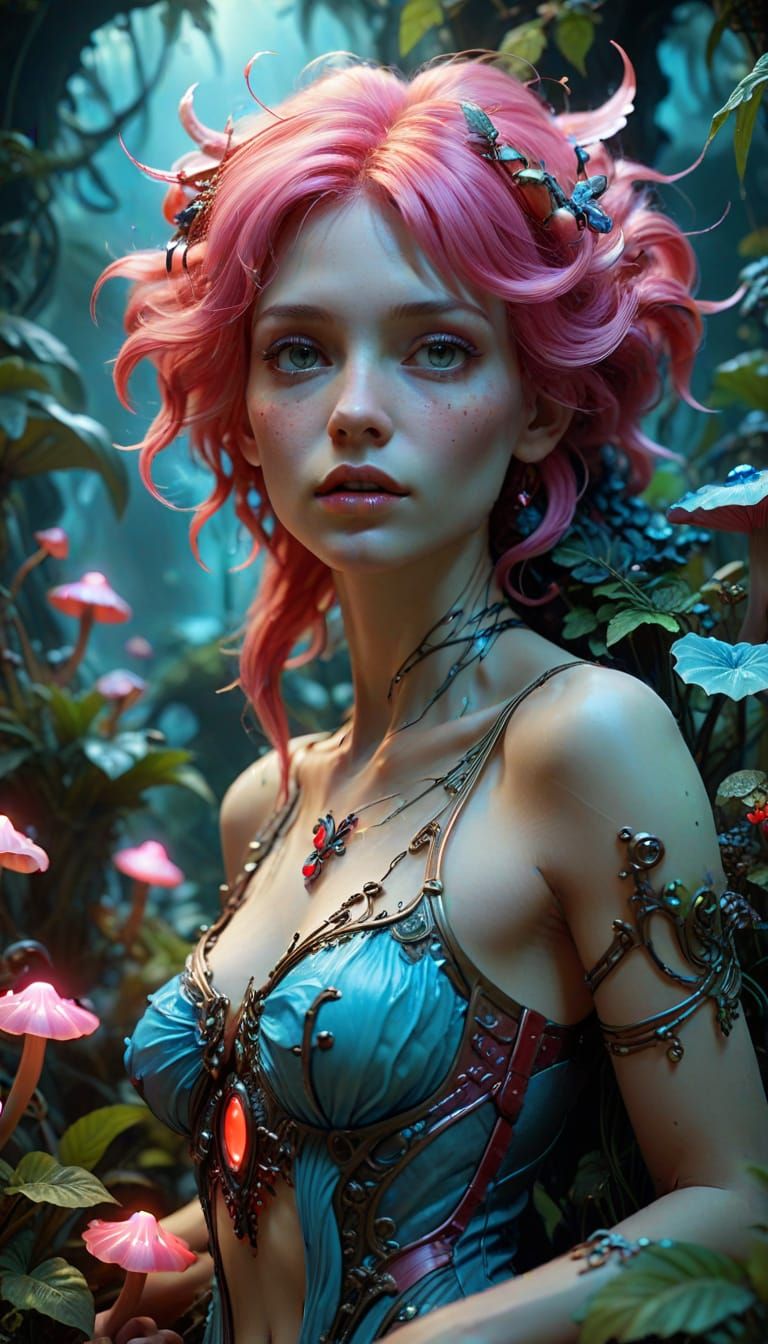 Bioluminescent Fairy Plays Arcade Game in Alien Jungle