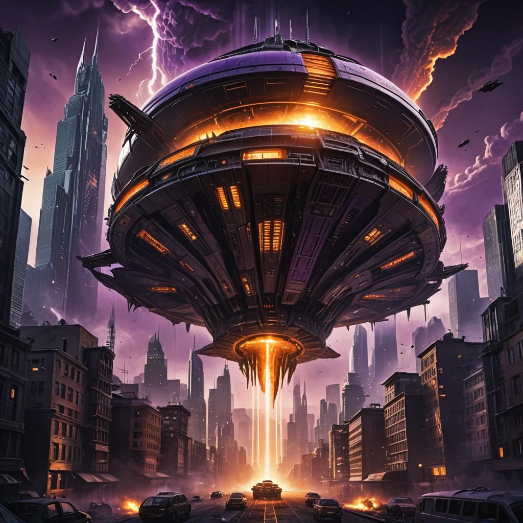 Futuristic Alien Spaceship Destroys City with Light Beam