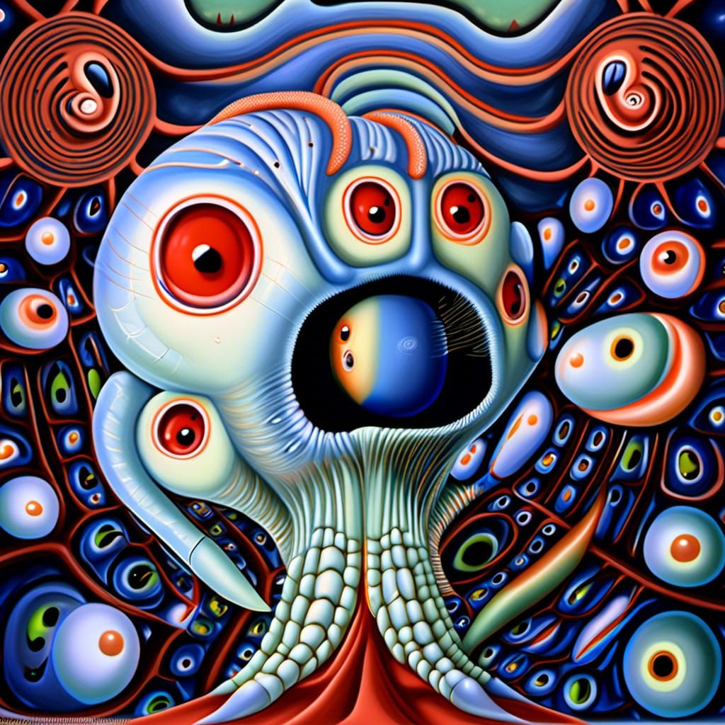 Cartoon Aliens in Surrealist Sci-Fi Landscape