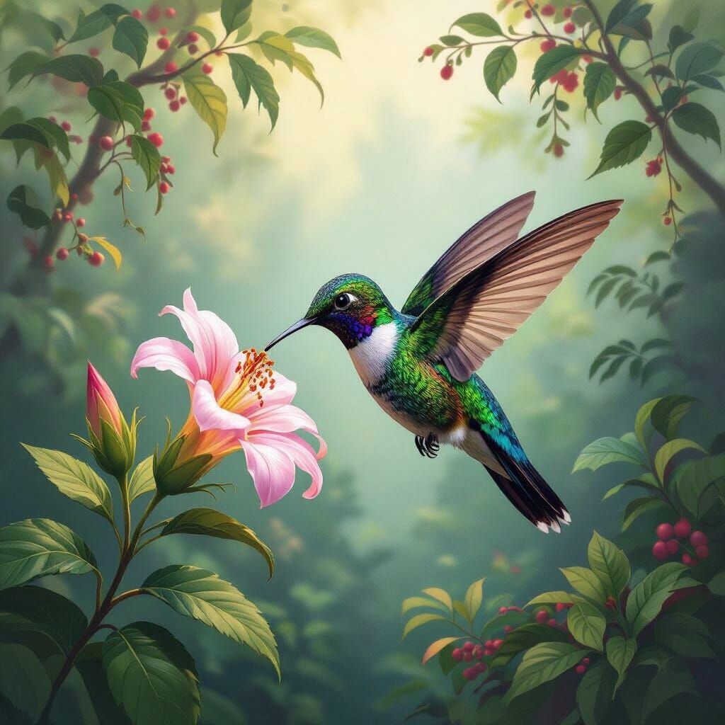 Hummingbird Sipping Nectar in Lush Forest