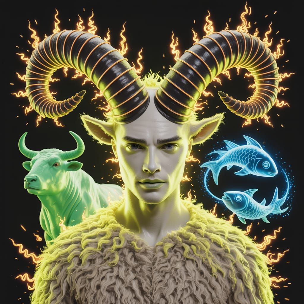 Fiery Horned Humanoid with Mythical Companions