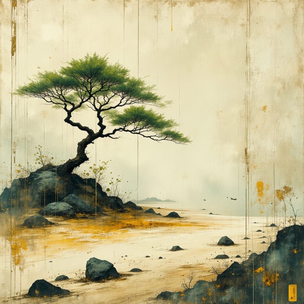 Serene Zen Garden with Bonsai Tree in Japanese Style