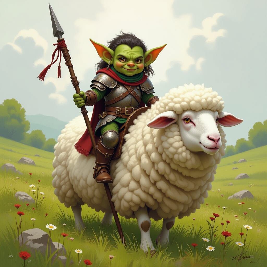 Goblin Warrior Rides Sheep, Fantasy Art