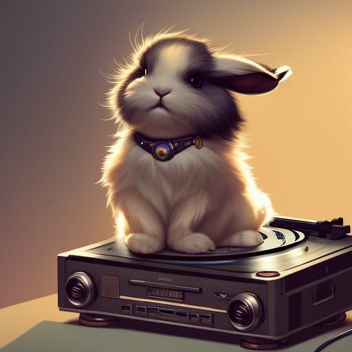 Chibi Bunny on Record Player in Detailed Art Style
