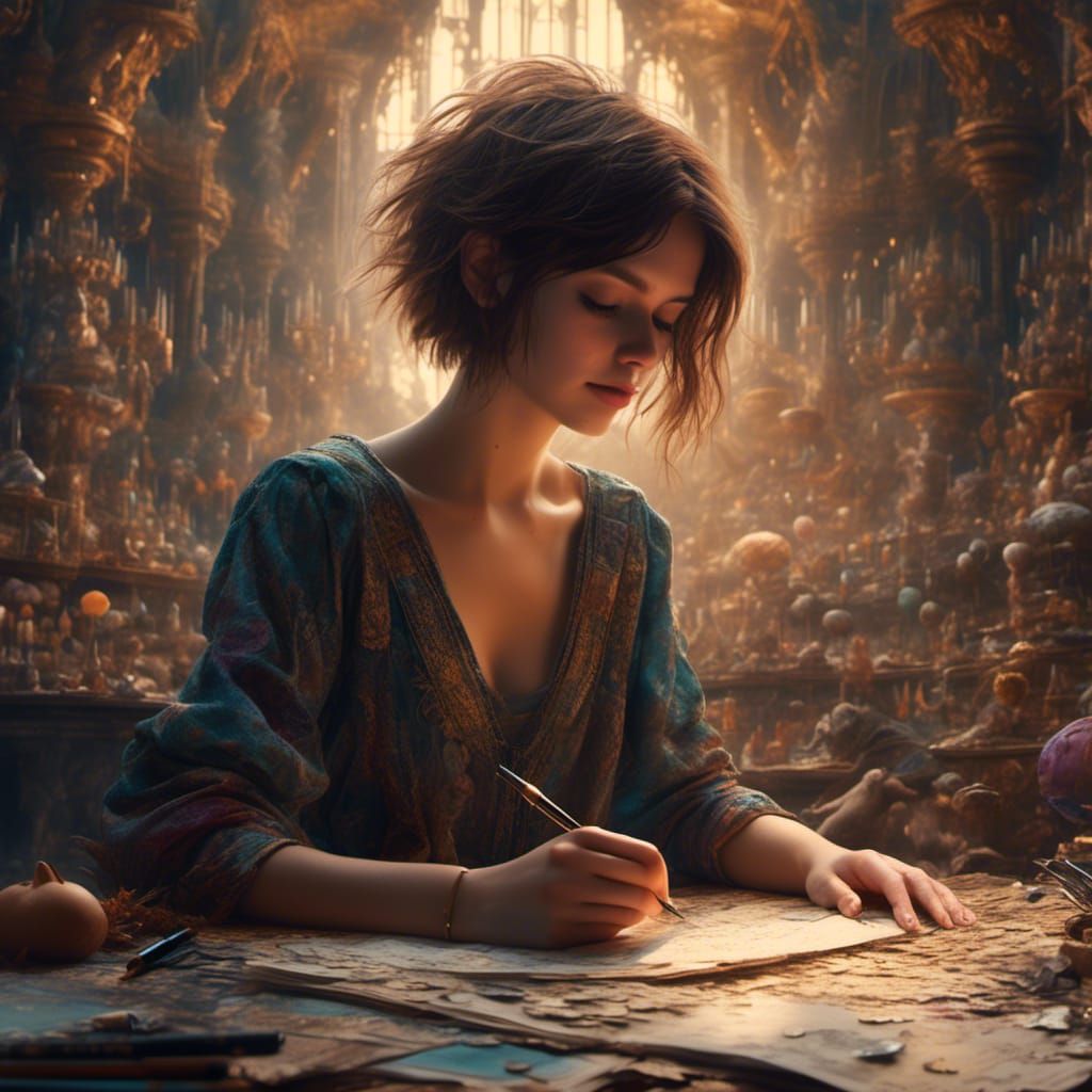 Dreamy Girl Drawing on Magical Paper: Hyperreal Art