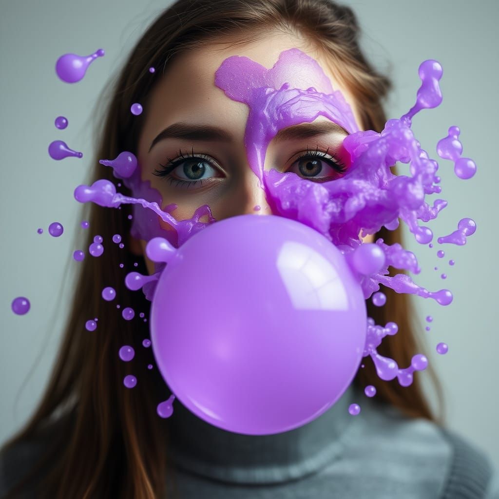 Woman Drenched in Vibrant Purple Bubblegum Chaos