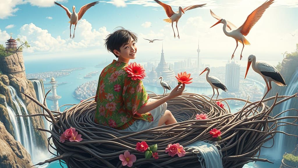 Utopian Floating Water City with Floral Figure