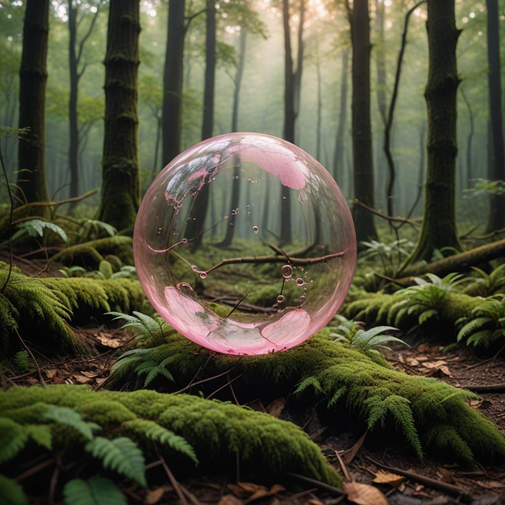 Vibrant Pink Bubble Emerges from Forest in Hyper-Realistic P...