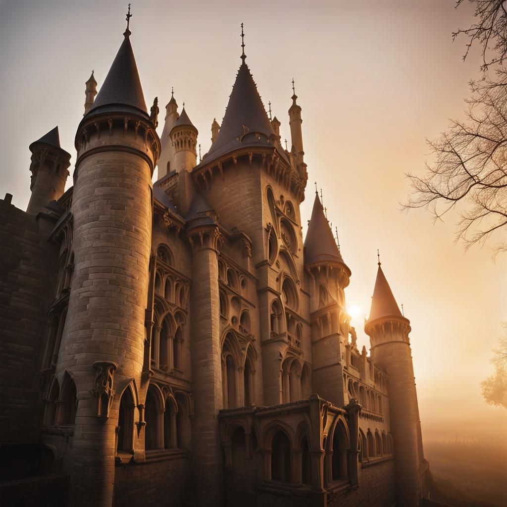 Gothic Revival Castle in Golden Sunset Light