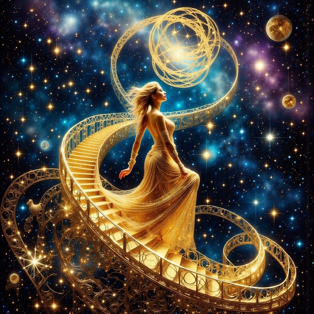 Golden Woman Descending Stairway in Art Nouveau Style