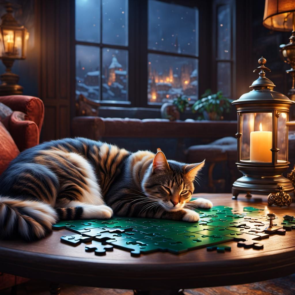Cozy Cat Nap on Puzzle: Matte Painting