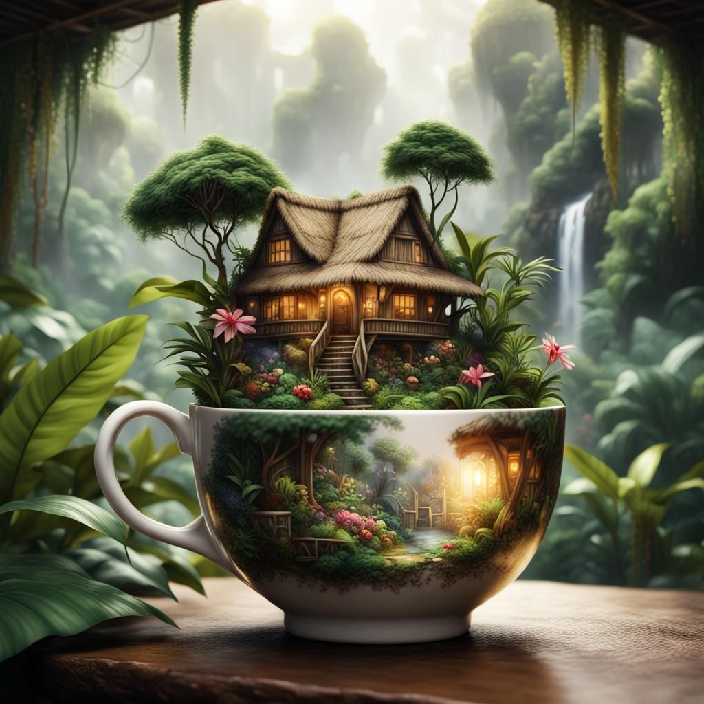 Rainforest Village in Teacup: Hyper-Realistic Digital Art