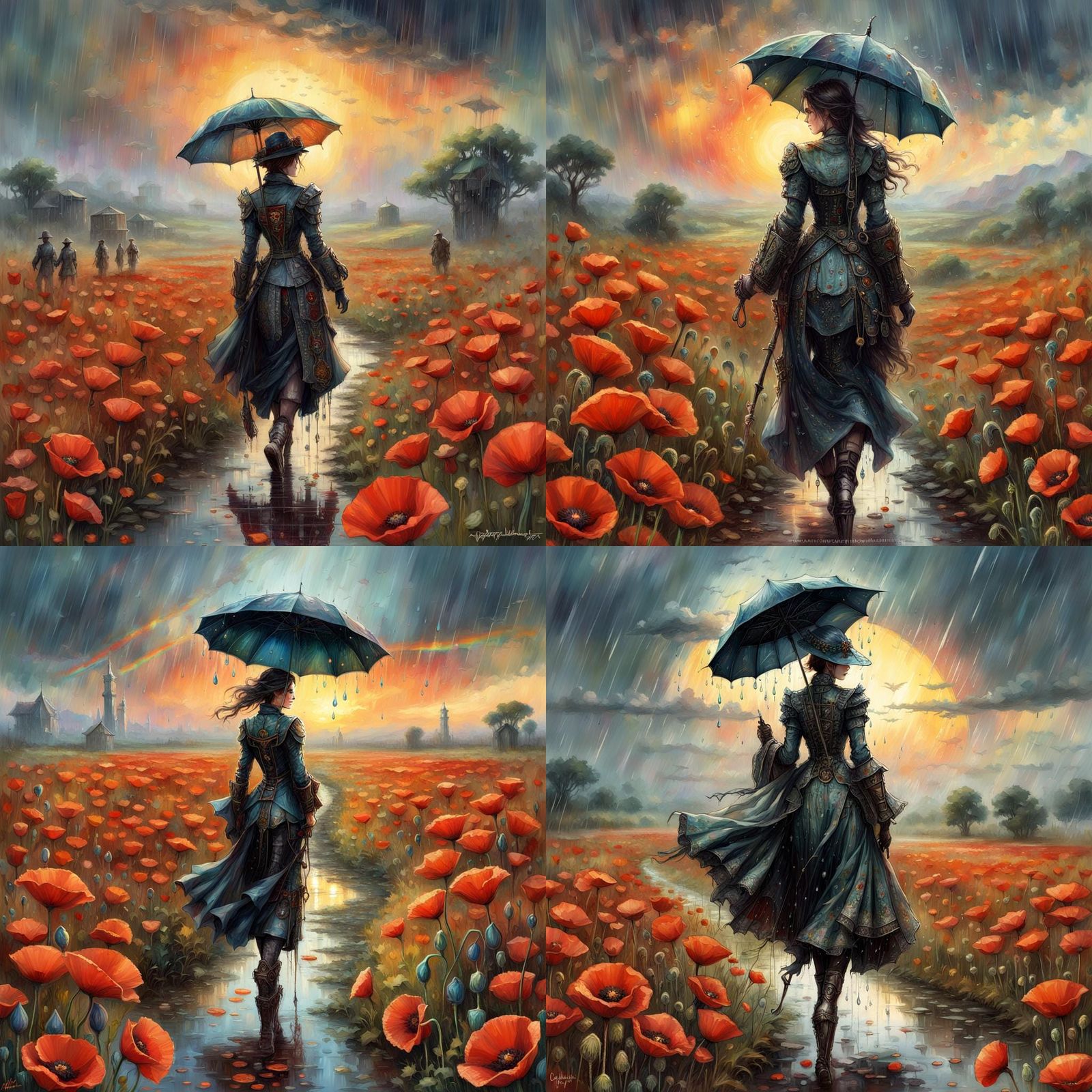 Poppy Field Walk in Rain, Hyperdetailed Sunset