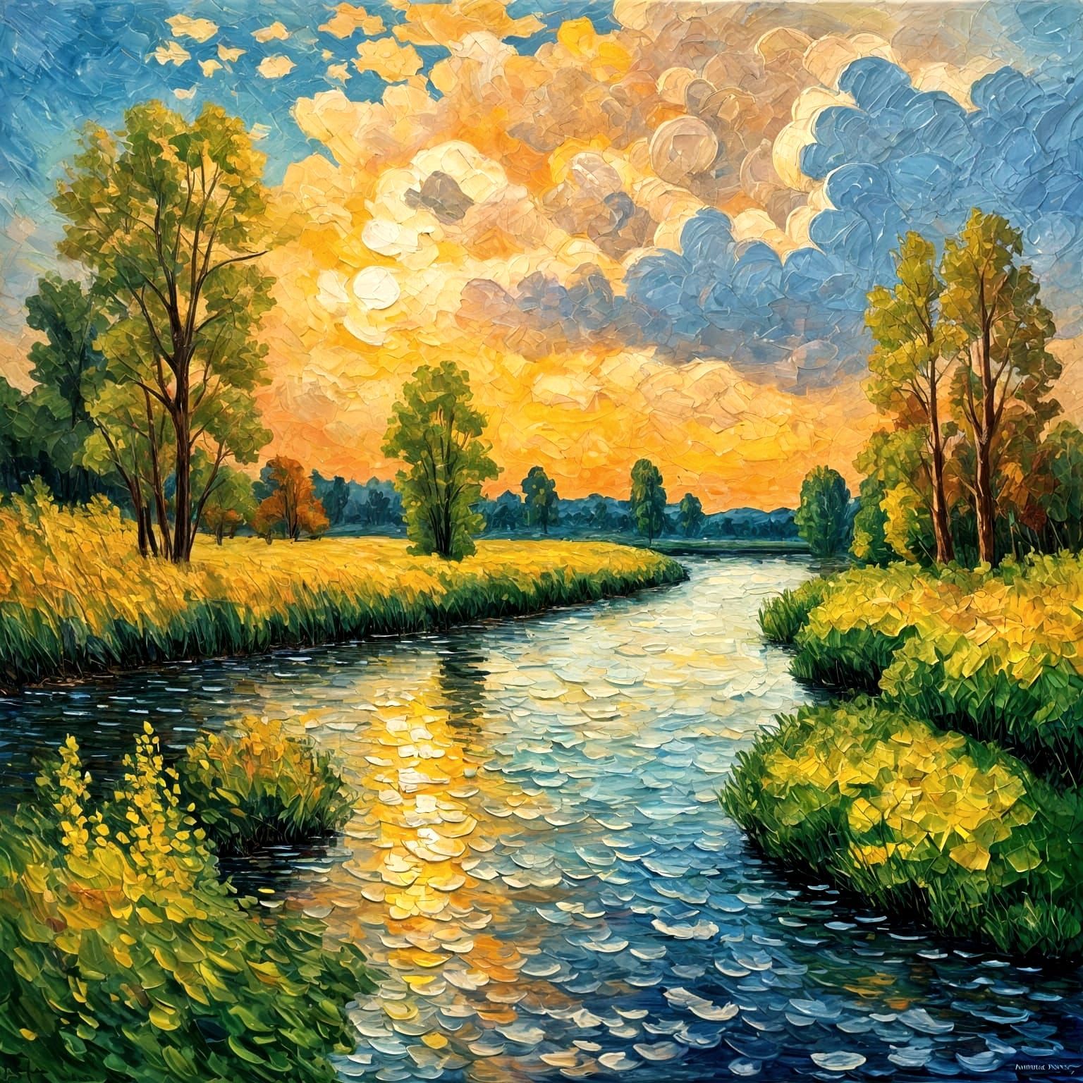 Sunset River in Expressionist Oil Painting Style