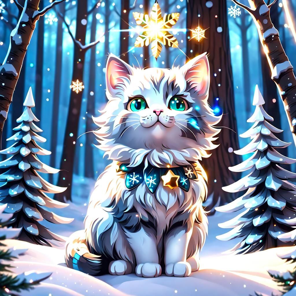 Celestial Christmas Tree Cat in Snowy Forest