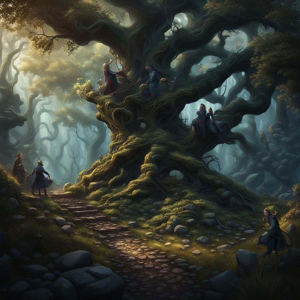 Lost Children in Dark Forest, Fantasy Concept Art