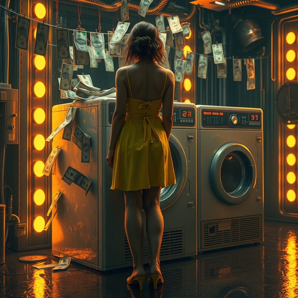Woman, Washing Machine, and Cash in Hyperrealistic Style